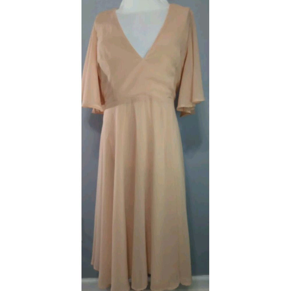 Boohoo Angel Sleeve Midi Skater Dress Blush Pink V-Neck CM03901 Size 10 NWT 475